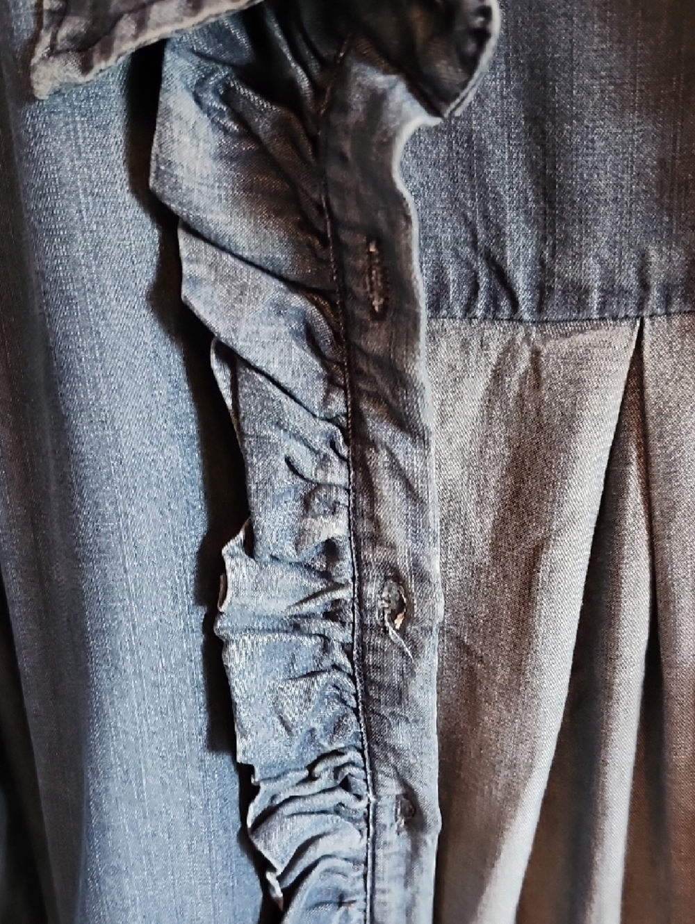 Denim Ruffle-Front Blouse - Blue - Picture 3 of 5